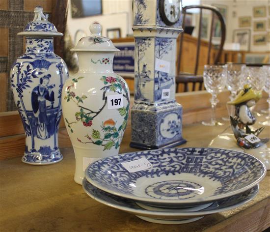 Two Chinese vases and covers, early 20th century and two blue and white plates